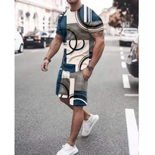 New Summer Men's Two Pieces Set T-shirt and Short Jogging Geometric Cool Print Loose Set Summer Solid Color Shorts Tracksuits