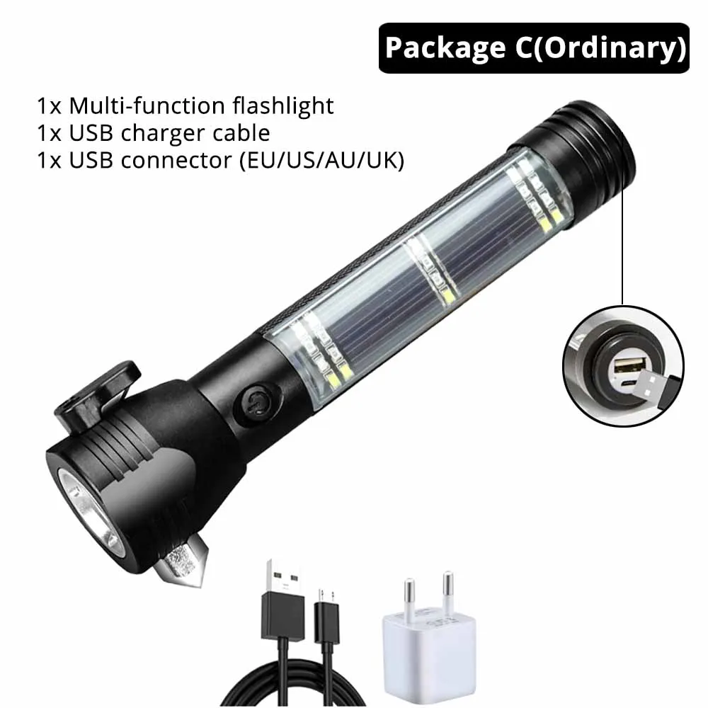USB Перезаряжаемый светодиодный фонарик на солнечной батарее, многофункциональный аварийный фонарь, защитный молоток, мобильный мощный Компас для активного отдыха - Испускаемый цвет: Without alarm-C