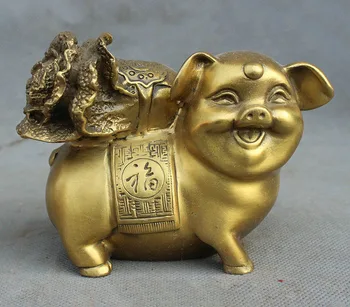 

China FengShui Pure Copper Brass Year Zodiac Pig Bring Wealth Fu Cabbage Statue