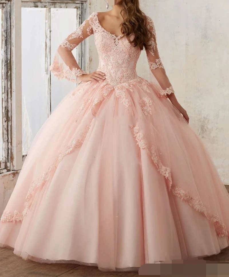 Розовые повязки на голову с Quinceanera платья Hot9 кружевное платье с v-образным вырезом и длинным рукавом платье для бала-маскарада сладкий 16 для принцессы со стразами для торжеств, платье для выпускного вечера для девочек