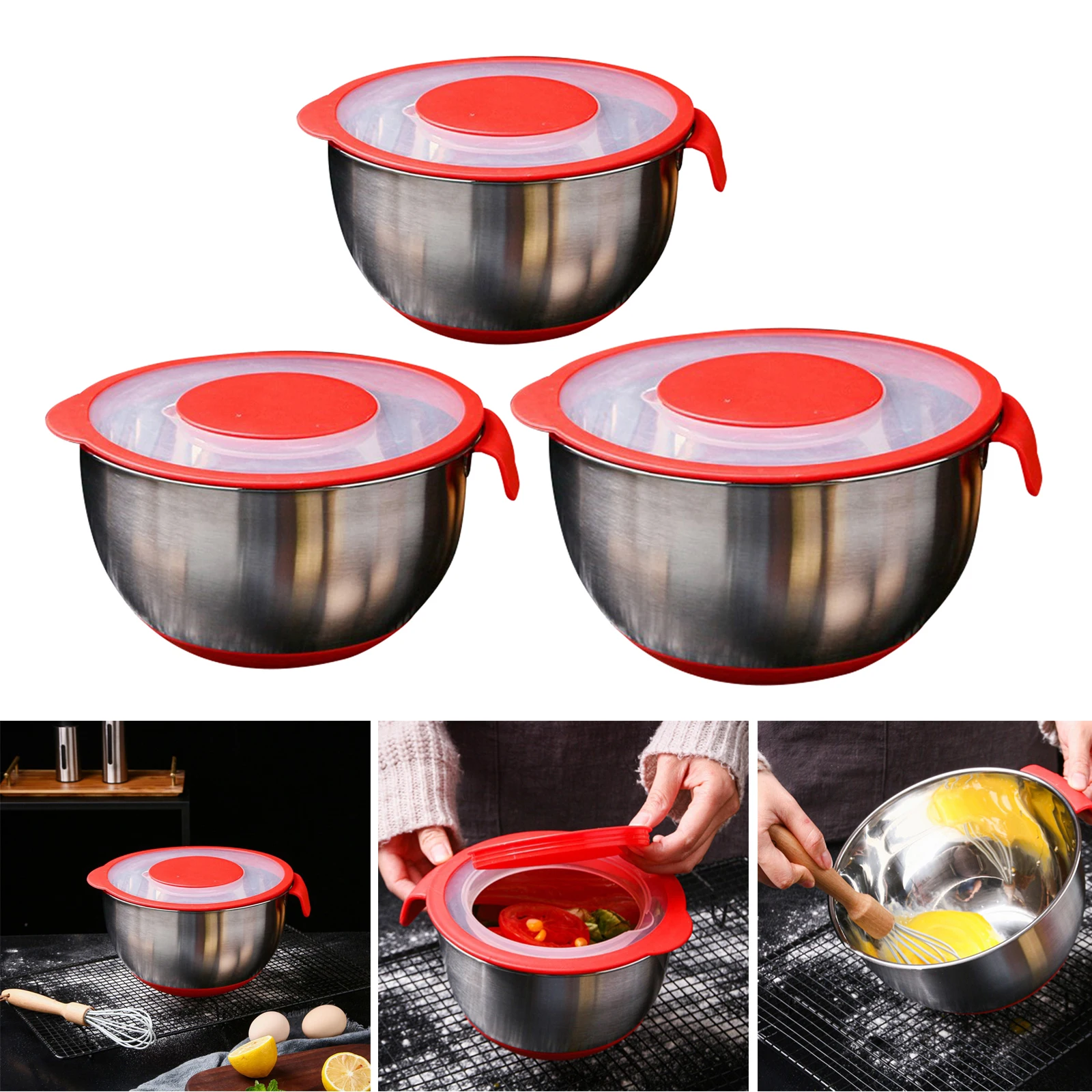 Anti-slip Mixing Bowls Stainless Steel Nesting Bowls Set with Lid & Bottom, Cooking Supplies