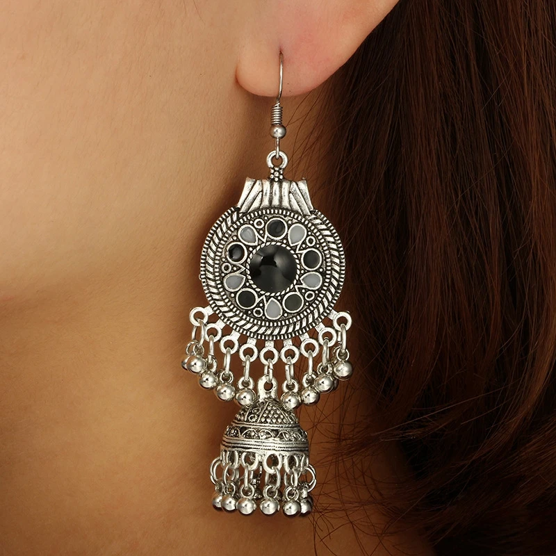SHUANGR винтажный, из серебряного сплава Jhumka Bells бисер Нарядные серьги с кисточками для женщин турецкое цыганское племя индийские ювелирные изделия Вечерние