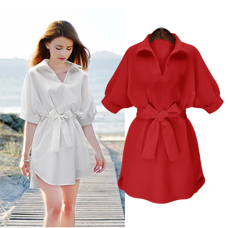 

Fashion Autumn Women Dress Shirt Dress Casual Turn-down Collar Women Dresses Office Lady Solid Red Vestidos Femme