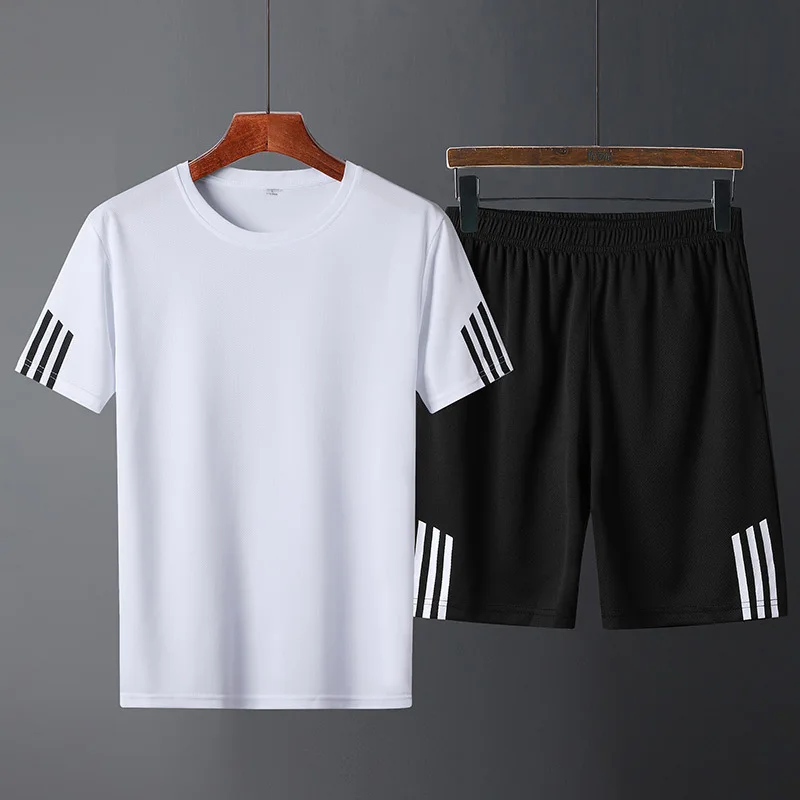 

Summer Three Bars Two-Piece Set Men's Short Shorts round Neckline T-shirt Running Breathable Casual Sports Clothing Customizable