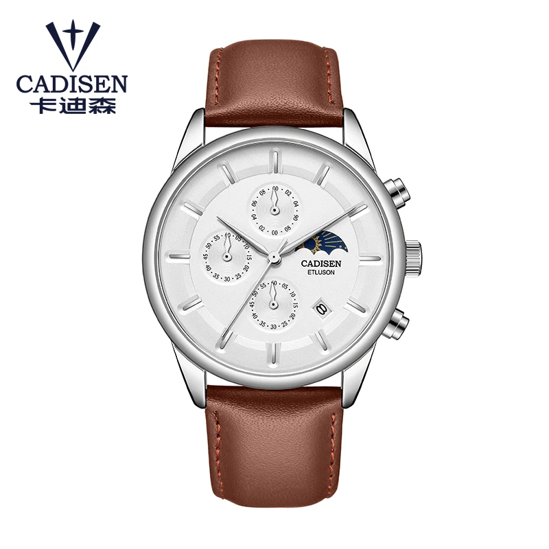 CADISEN часы Мужские лучший бренд класса люкс мужские модные часы с кожаным ремешком в стиле кэжуал Кварцевые водонепроницаемые наручные часы Moon Phase Relogio Masculino