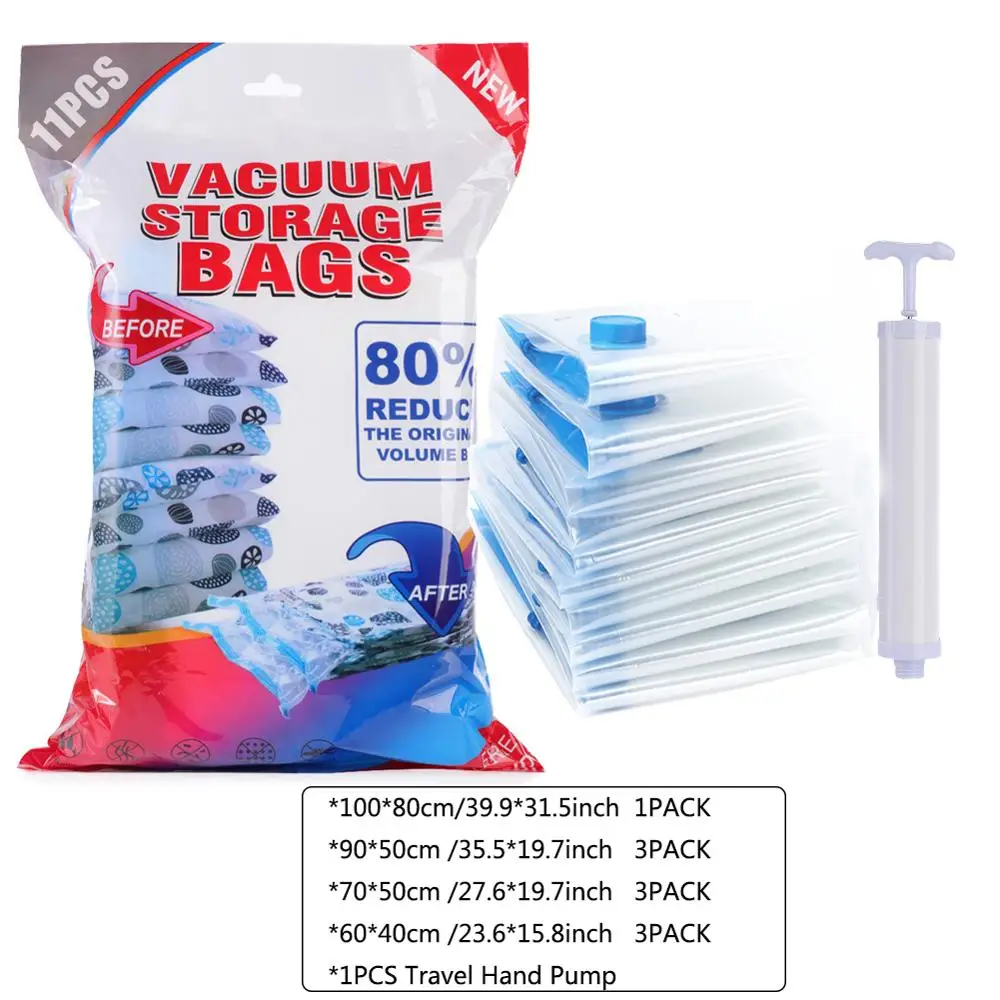 Bolsa de vacío reutilizable con bomba de mano para viaje, almacenamiento al vacío, organizador para mantas, 11 Uds.