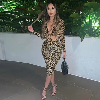 

Crop Top Women Lace Up V Neck Two Piece Women Outfits Vintage Leopard Print Midi Bodycon Two Piece Skirt Set Club Matching Sets