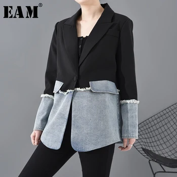 

[EAM] Women Denim Burr Split Joint Blazer New Lapel Long Sleeve Loose Fit Jacket Fashion Tide Spring Autumn 2020 1R73501