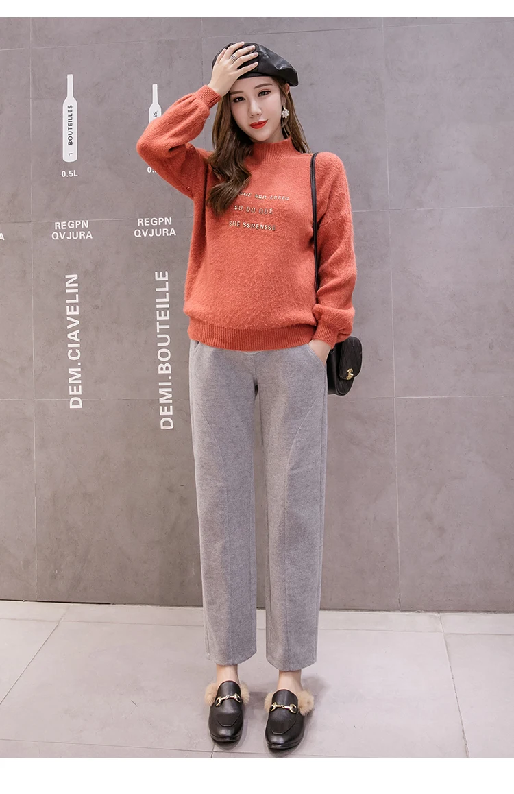 771# Woolen Maternity Straight Pants Elastic Waist Belly Casual Pants Clothes for Pregnant Women Autumn Winter Pregnancy Trouser