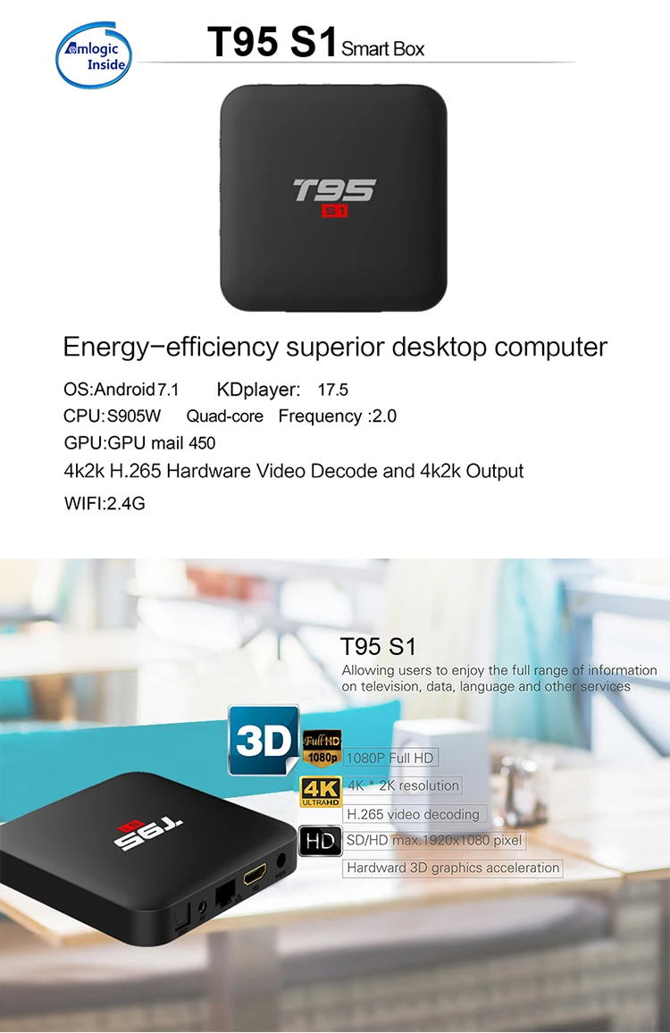 ILEPO T95 S1 Android 7,1 Смарт ТВ Box Amlogic S905W 4 ядра, 2 Гб оперативной памяти, 16 Гб встроенной памяти, светодиодный Дисплей 2,4G, Wi-Fi, 100M LAN Ip ТВ подписки Ubox