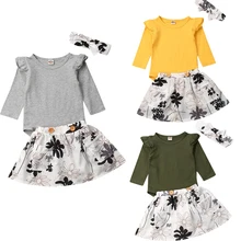 Комплект из 3 предметов, хлопковый боди с длинными рукавами для новорожденных девочек, топы, юбка с цветочным рисунком, повязка на голову, наряды, одежда принцессы для девочек