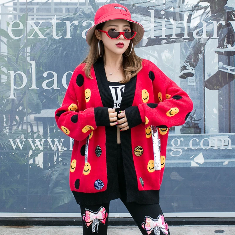 

Thailand tide brand net red tide cardigan sweater female loose wild heavy work sequin smiley lazy wind sweater autumn