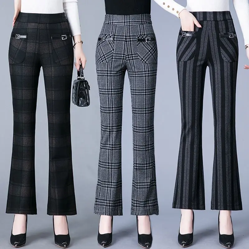 Women Fall Stretch Casual Flared Pants 2024 Female New High-waist Slim Slimming Lattice Fashion Micro-flared Pants Trousers A402