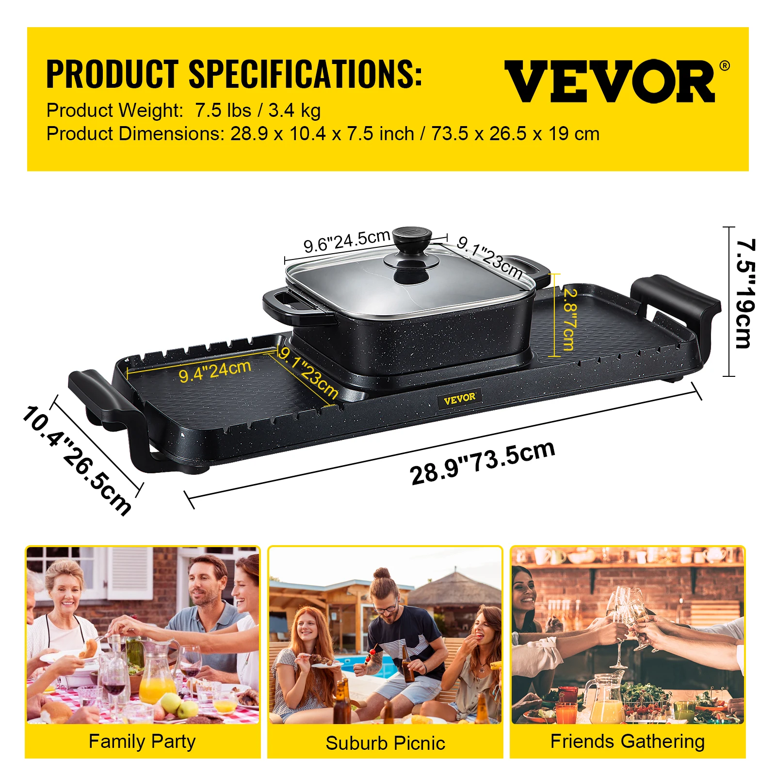 VEVOR 2 in 1 Electric BBQ Hot Pot Grill