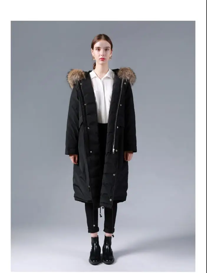 Grande vraie fourrure de raton laveur naturelle hiver veste manteau femmes canard doudoune e paisse chaude femme veste longue grande задняя парка