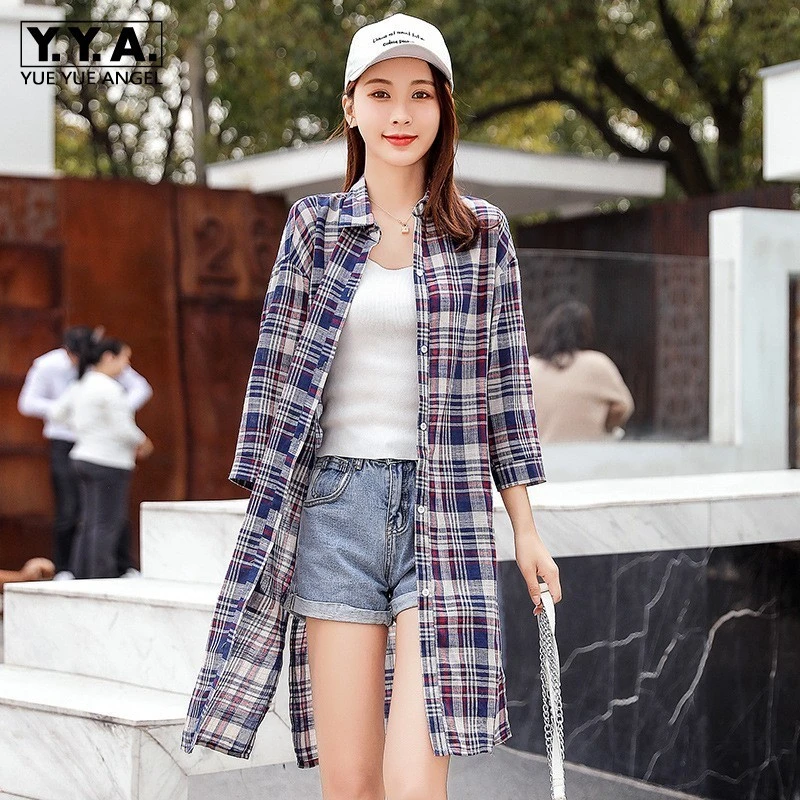 Nueva mujer Plaid Camisa larga estilo Preppy chicas Casual Streetwear blusas Blusas blusas de un solo pecho prendas de vestir exteriores blusa 2XL|Blusas y camisas| - AliExpress