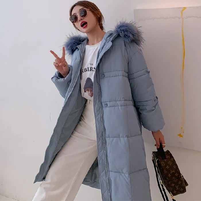 

New Style down Jacket Korean-style Thick Loose-Fit Large Fur Collar INS Cotton Coat Women's Waist Hugging Slimming over-the-Knee