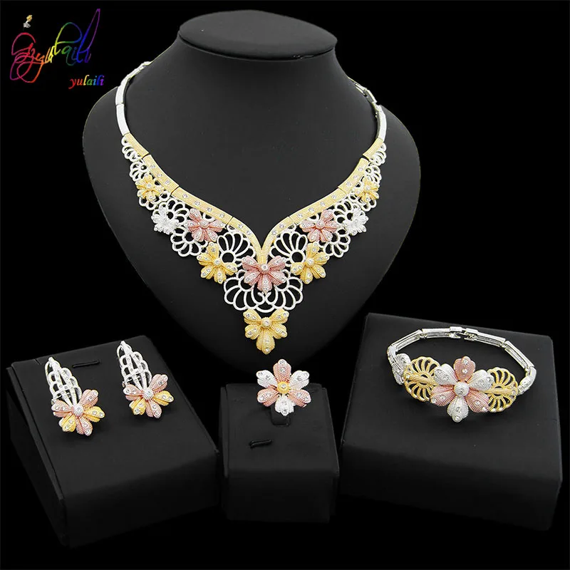 

Yulaili Dubai Jewelry Sets African for Women Big Necklace Bangles Earrings Ring Gift Party Luxury Bride Wedding Accessories