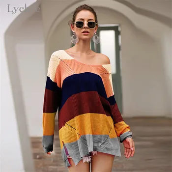

Lychee Harajuku Rainbow Stripe Women Sweater Top Oversize Spring Autumn Lady Sweaters Tops Casual Loose V Neck Female Pullovers