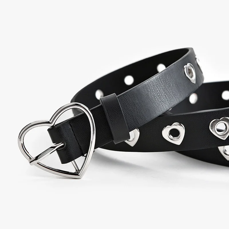 Women Belt Fashion Leather Punk Belt with Adjustable Love Heart Holes Luxury Designer Buckle Belt for Dress Jeans Cool Boy Girl