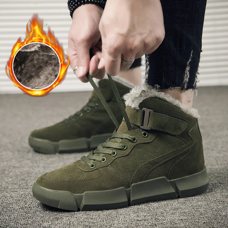 Winter Men Boots Plus Velvet Warm Sneakers Outdoors Waterproof Shoes Men High Top Lightweight Ankle Boots botas de hombre - Color: Green With Fur