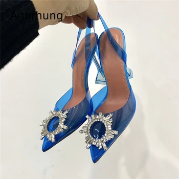 

Blue PVC Transparent Gladiator Sandals Women Clear Goblet Heel Point Toe Back Strap Jeweled Sunflower Buckle Party Shoes Woman