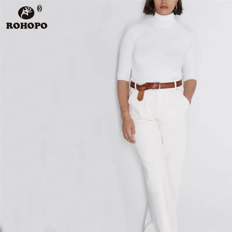 

ROHOPO High Waist Half Sleeve Solid Sweater Elasticity Hem Female Slim Autumn Pullover Knitted Tops Wears #9561