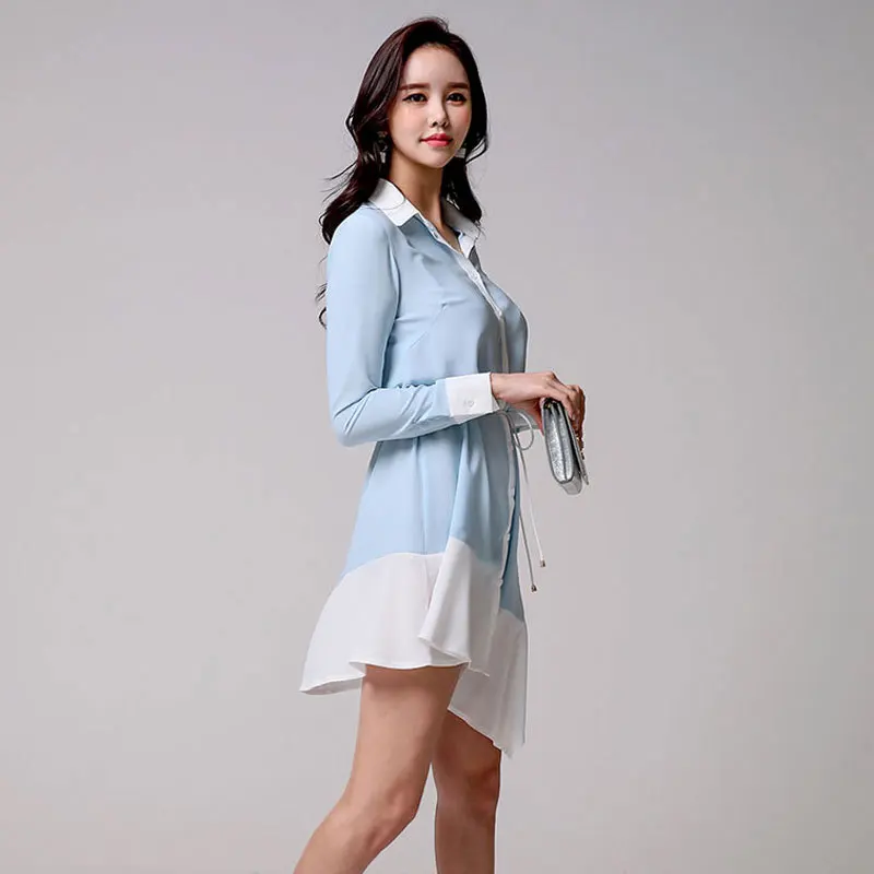 

2019 Spring New Style Debutante Elegant Simple Long Sleeve Shirt Dress Mid-length Waist Hugging Lace-up Shirt Dress Women's