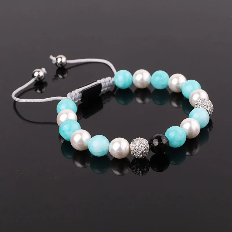 Jaravvi 8mm Blue Jade White Shell Crystal Ball Friendship Adjustable Macrame Beads Bracelet For Women - Image 2