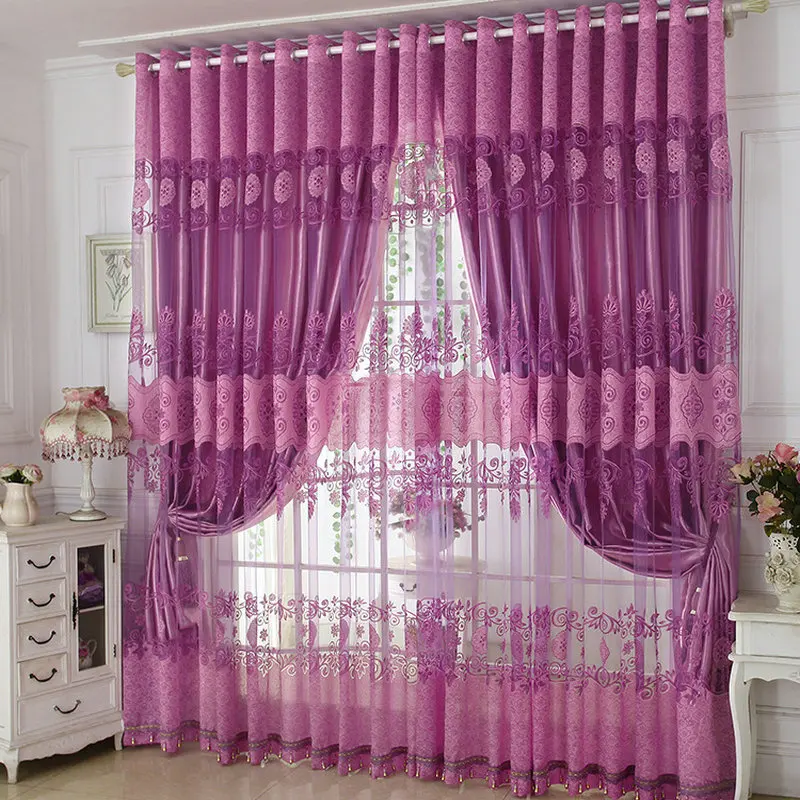 Luxury Window Curtains Beaded For Living Room Tulle+Blackout Curtain Window Treatment/drape In Golden/Purple/Red Free shipping