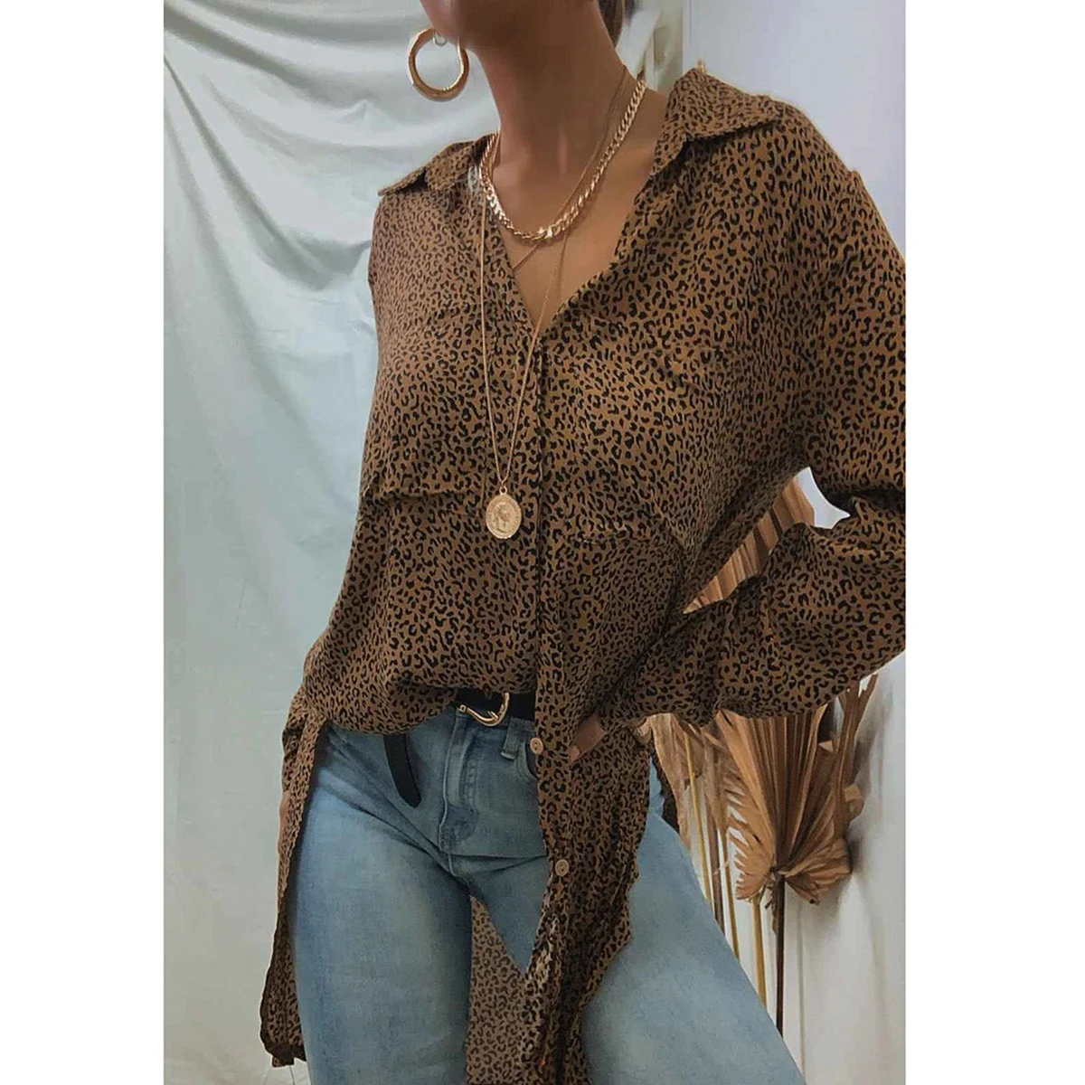 

Jastie Cotton Blouse Long Sleeve Sexy Leopard Print Blouse Turn Down Collar Lady Office Shirt Tunic Casual Loose Tops Blusas