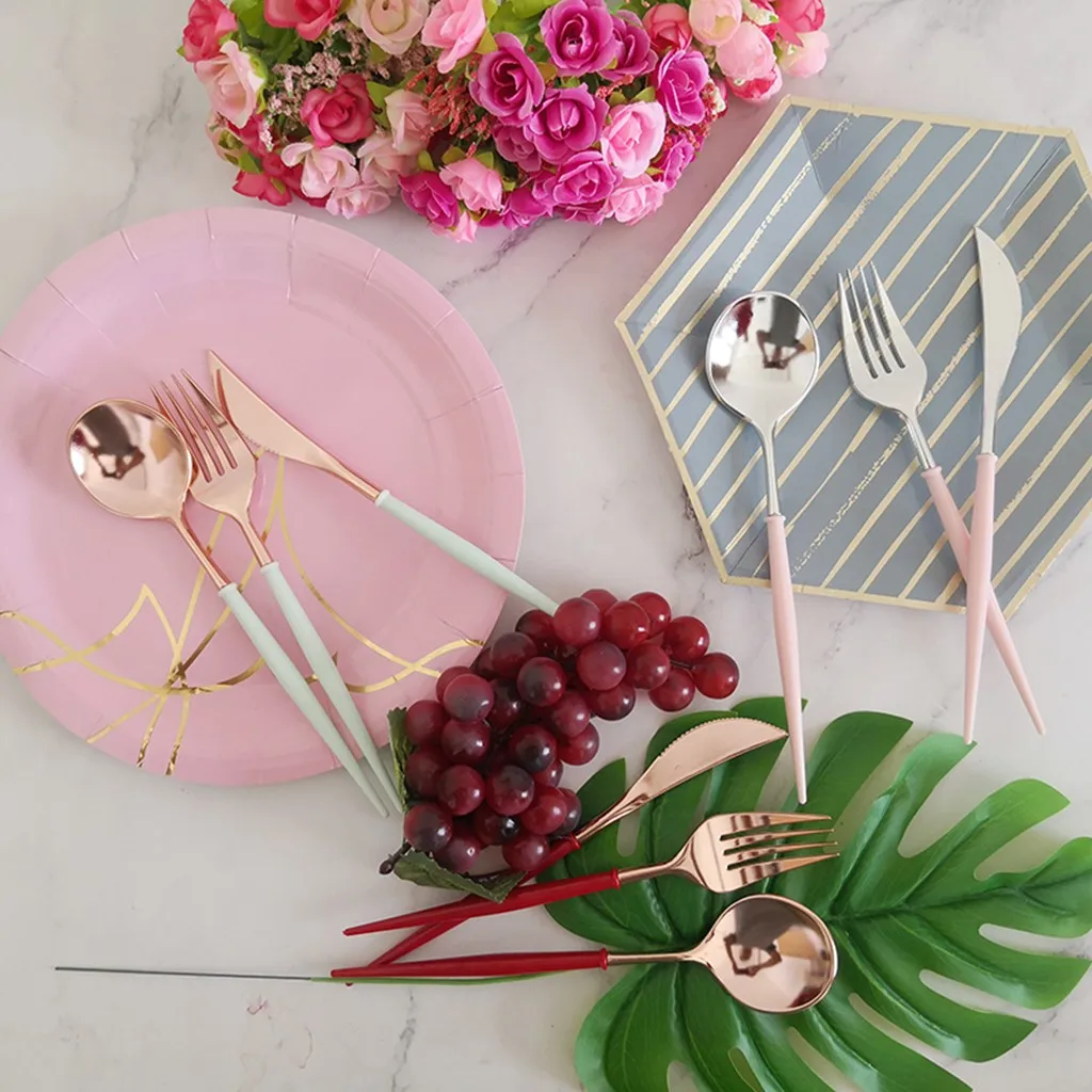 5 set Plastic Rose Gold Tableware Set Cutlery Western Food Tableware Teaspoon Luxury Knife fork spoon dessert Party Supplies