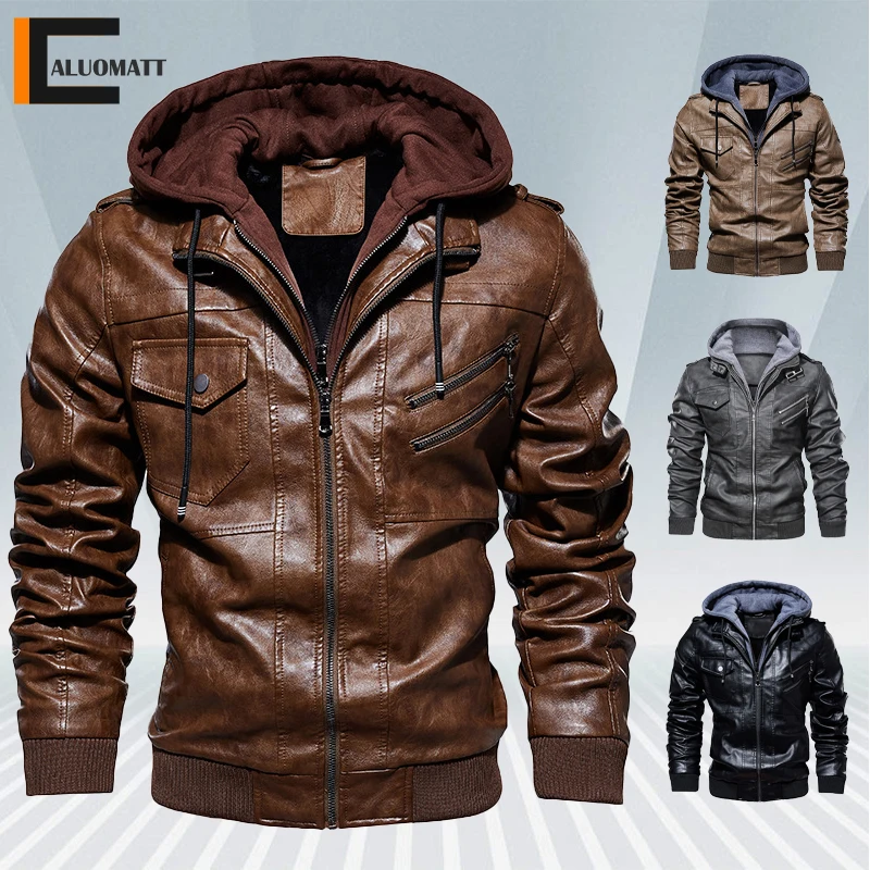 Winter Mens Faux Leather Jacket Fur Lined Slim Fit Biker Motorcycle Hooded Coat 