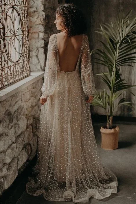 Vestido De Noiva Свадебные платья с длинными рукавами Блестящие Блестки v-образный вырез богемное свадебное платье Платье трапециевидного силуэта De Mariee
