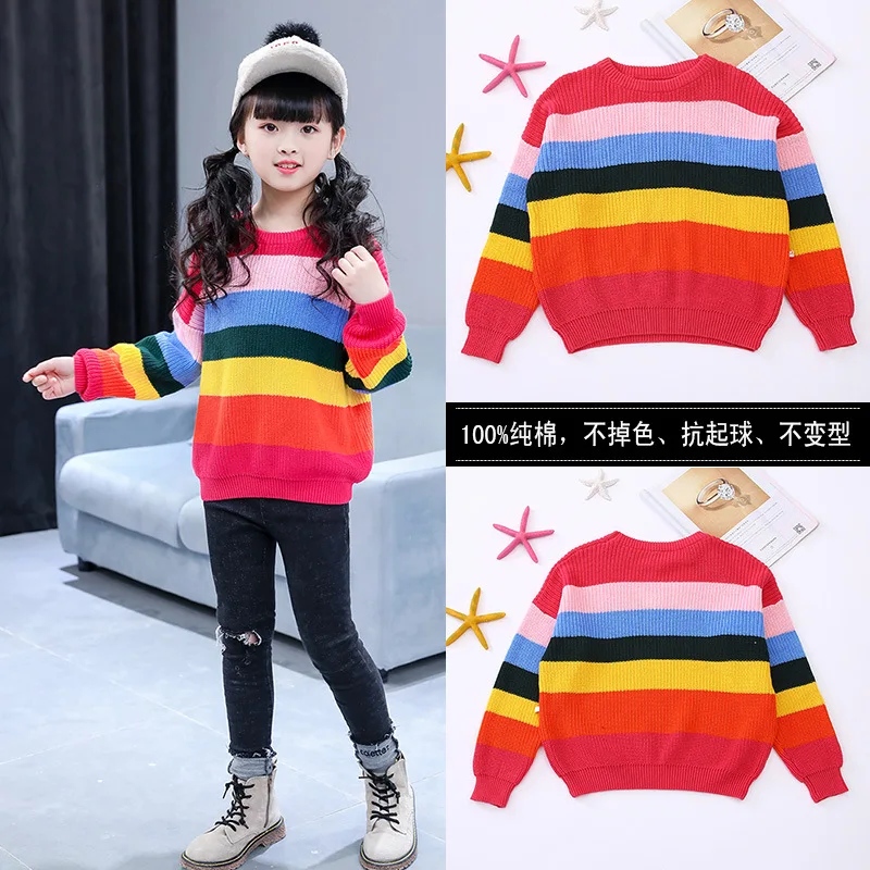 

Girls Rainbow Stripes Sweater 2019 Autumn And Winter New Style Very xian yang Gas Loose Base Thick Children Knitted Childrenswea