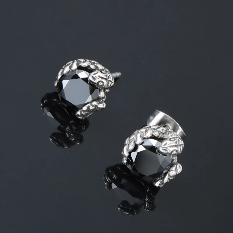 

Personality Black Zircon Snake Stud Earrings Titanium Steel Filled Black Gems Earrings Punk Style Men Women Hip Hop Jewelry