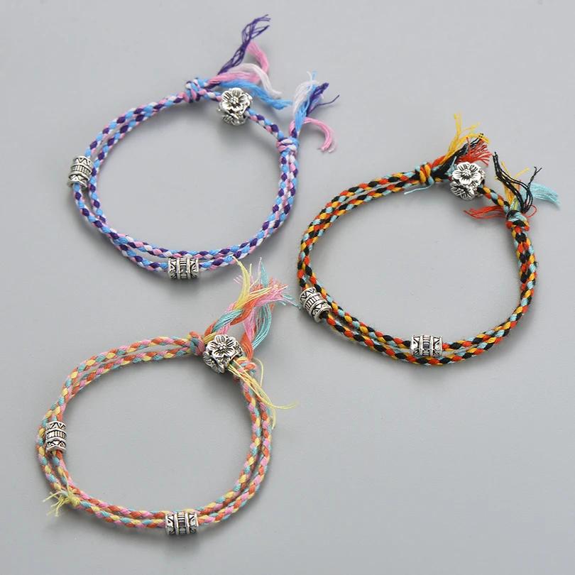 Bohemia Multicolor Rope Braided Bracelets& Bangles For Women Men Chic Tibetan Silver Flower Beads Bracelet Jewelry Wholesale