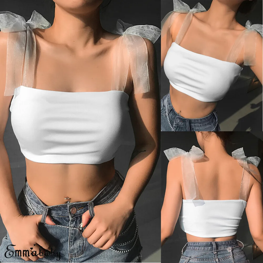 Women Sexy Tank Top Bandage Off Shoulder Lace Sleeveless Solid Vest Lady's Camis with Ribbons Tube Crop Tops Mesh Strap Tank