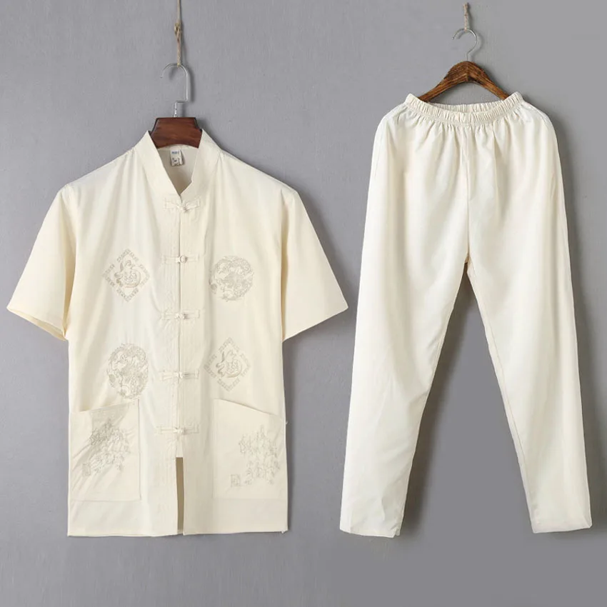 Male Chinese Traditional Costumes Set 2PCs Shirts+trousers Breathable Cotton Dragon Embroidery Men New Year Kung Fu Tang Suit