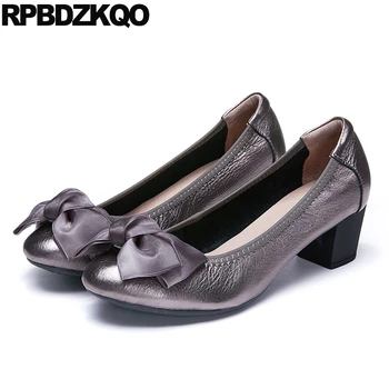

female runway big size genuine leather brand women shoes 2019 pumps block thick round toe ladies chunky bow gray plus high heels