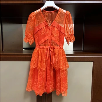 

Herudoan Summer Sexy Dress Women Fashion Designer v-neck Puff sleeve Ruffle Red Short Dress Ladies A-line Lace Ladies Mini Dress