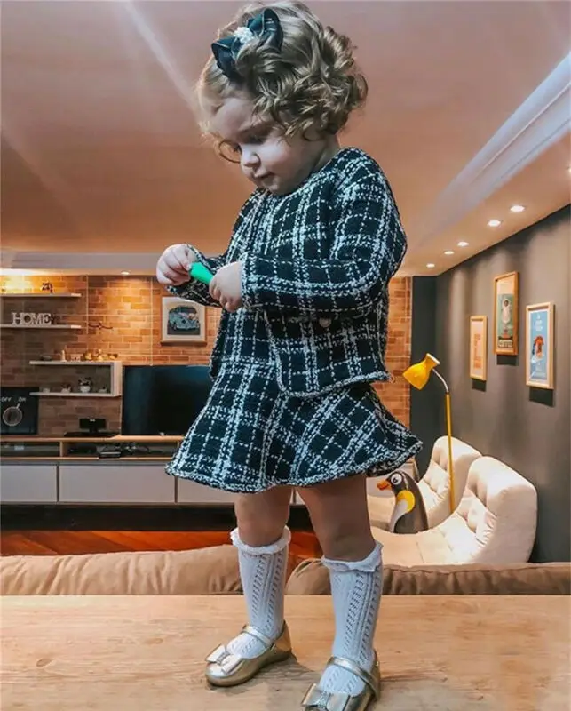 Коллекция года, модные От 1 до 6 лет комплекты одежды для маленьких девочек пальто в клетку с длинными рукавами для дня рождения Топы+ платье, 2 предмета, вечерние, теплые наряды