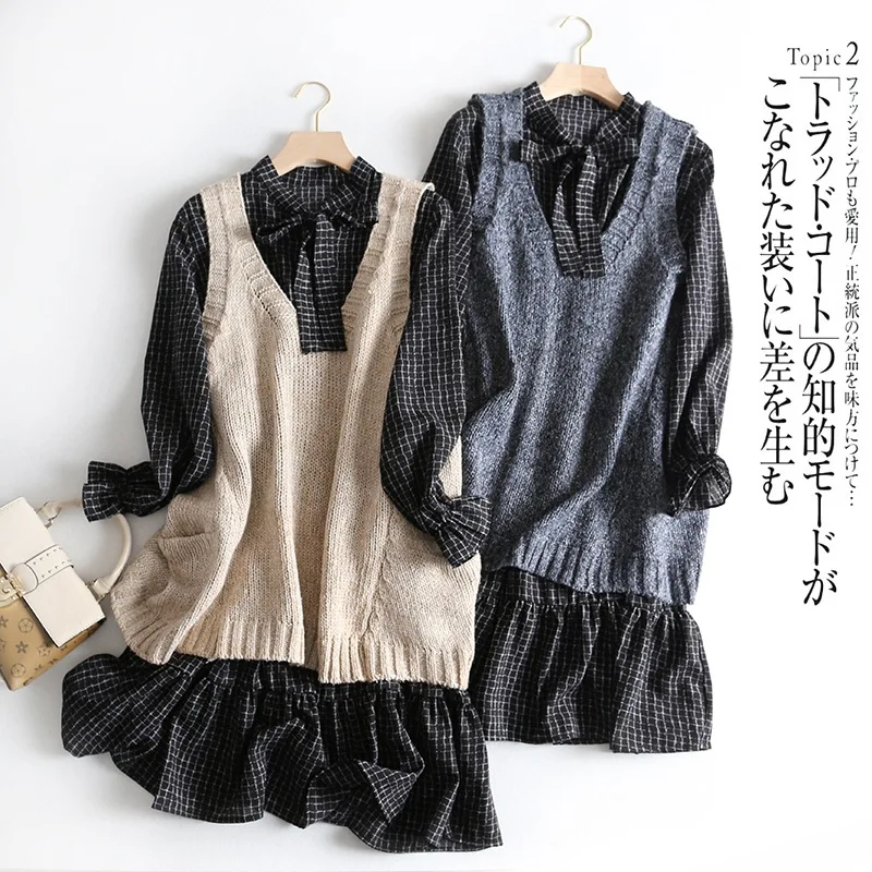 

A Generation of Spring Clothing Loose-Fit Slimming Sleeveless Knitted Vest Waistcoat Chiffon Dress Two-Piece Set Entity