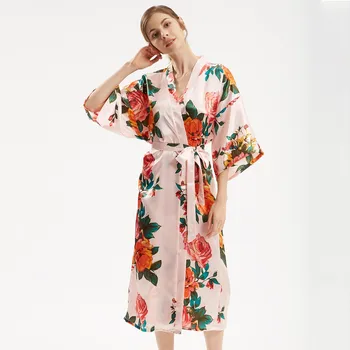 

Women Plus Size Kimono Bathrobe Gown Nightgown Print Flower Long Sleepwear Nightdress Sliky Wedding Robe Casual Soft Nightwear