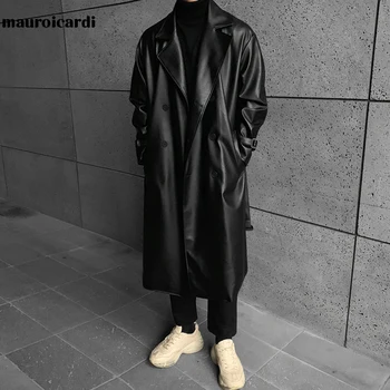Spring Autumn Long Black Oversized Faux Leather Trench Coat Men Drop Shoulder Belt Faux Leather Coats for Men