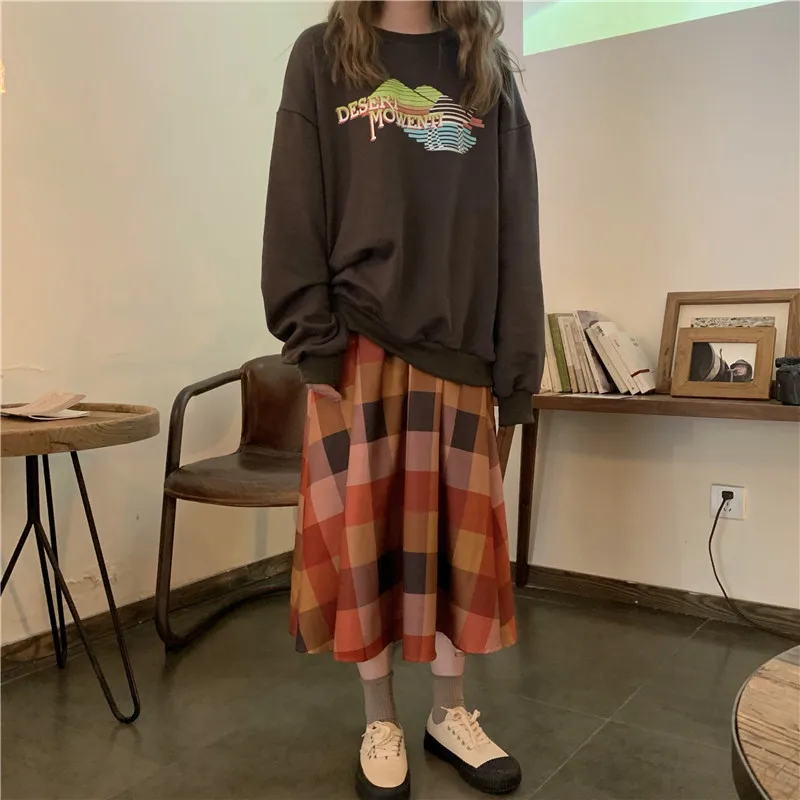Lychee, Harajuku, клетчатая, хит, цветная, Женская юбка, эластичная талия, средняя длина, юбки для девочек, повседневные, свободные, весна, лето, осень, для девушек