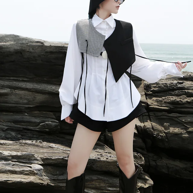 [EAM] Women Black  Plaid Split Asymmetrical Loose Fit Vest New V-collar Sleeveless   Fashion Tide Spring Autumn 2021 1H073 5