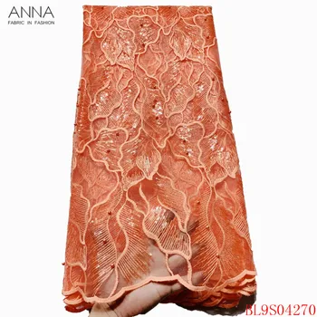 

Anna orange african net lace french sequin fabric 2020 high quality embroidered nigerian tulle laces fabrics 5 yards/pcs for DIY