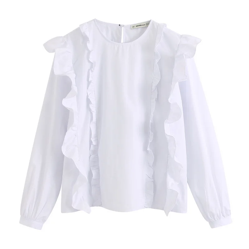

White Shirts Women Spring 2020 New Clothing Long Sleeve O-Neck Preppy Girl Ruffle Blouse Shirt