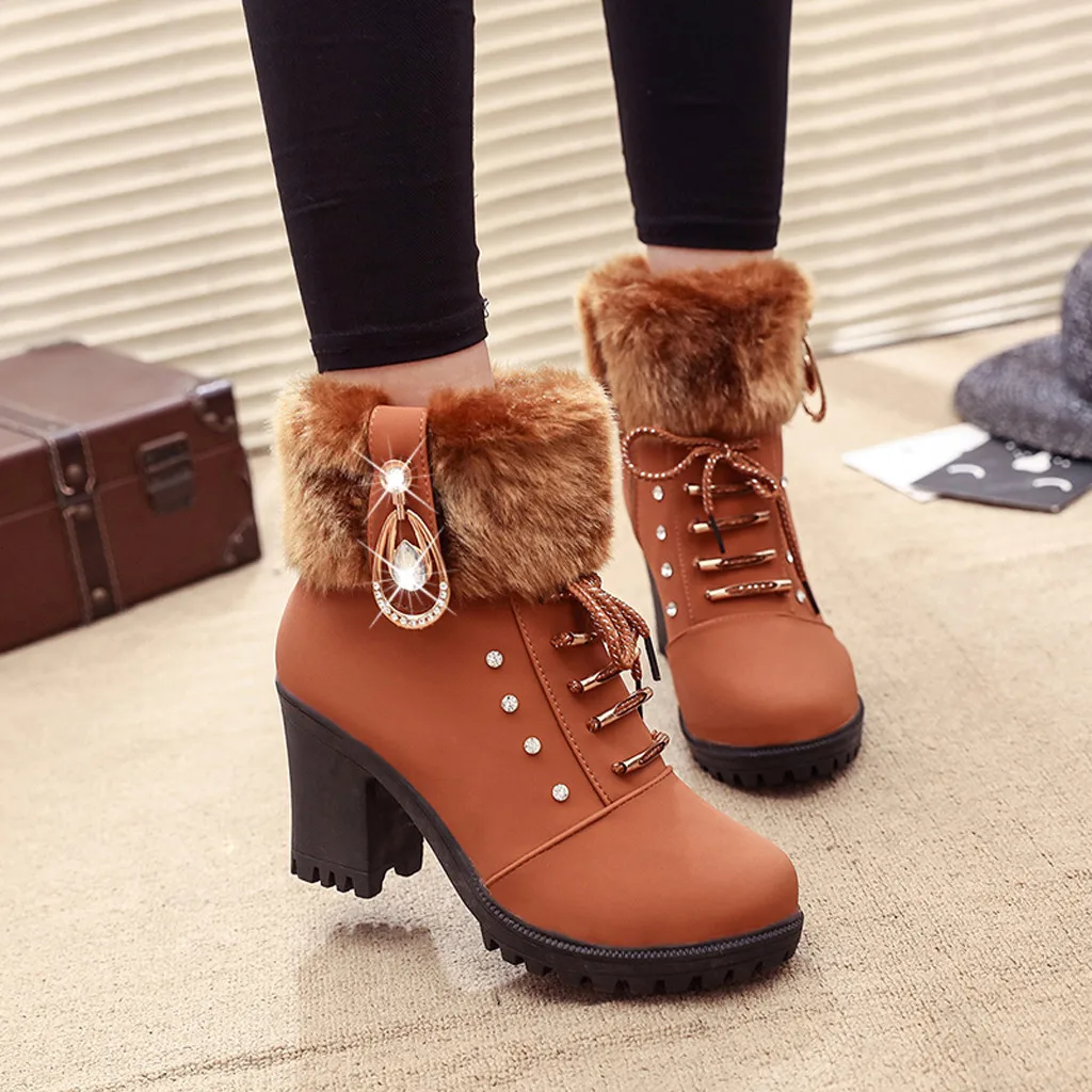 

Women boots Ladies warm fur plush Keep Warm Ankle Flat Square Fashion High Heel Roman Casual Square root Shoes chaussures femme